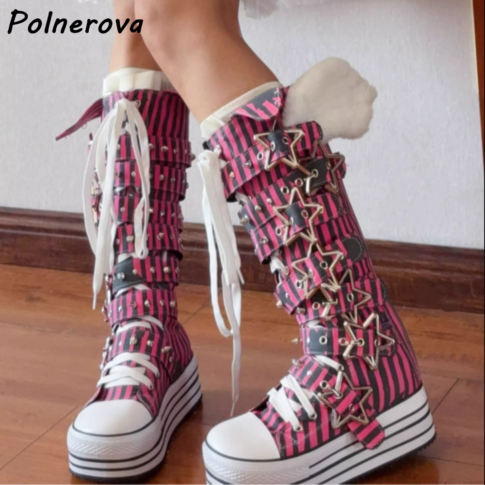 Winter Fashion Women Boots - Rose Black Stripes Platform Boots Five-Pointed