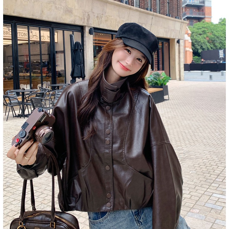 Women'S Fashion Bomber Jacket - Vintage Leather Jackets for Women Loose