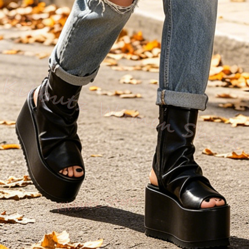 Women'S Fashion Leather Boots - Lace-Up Thick Bottom Sandals Platform Ankle
