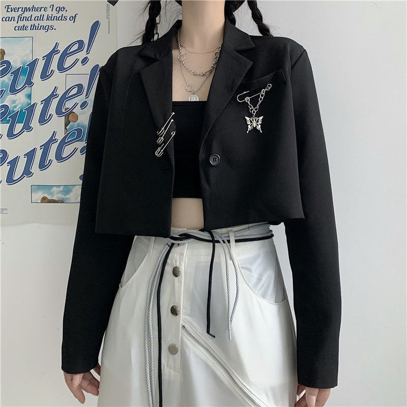 Blazer Women Oversized - Autumn Women's Black Cropped Blazers Y2K