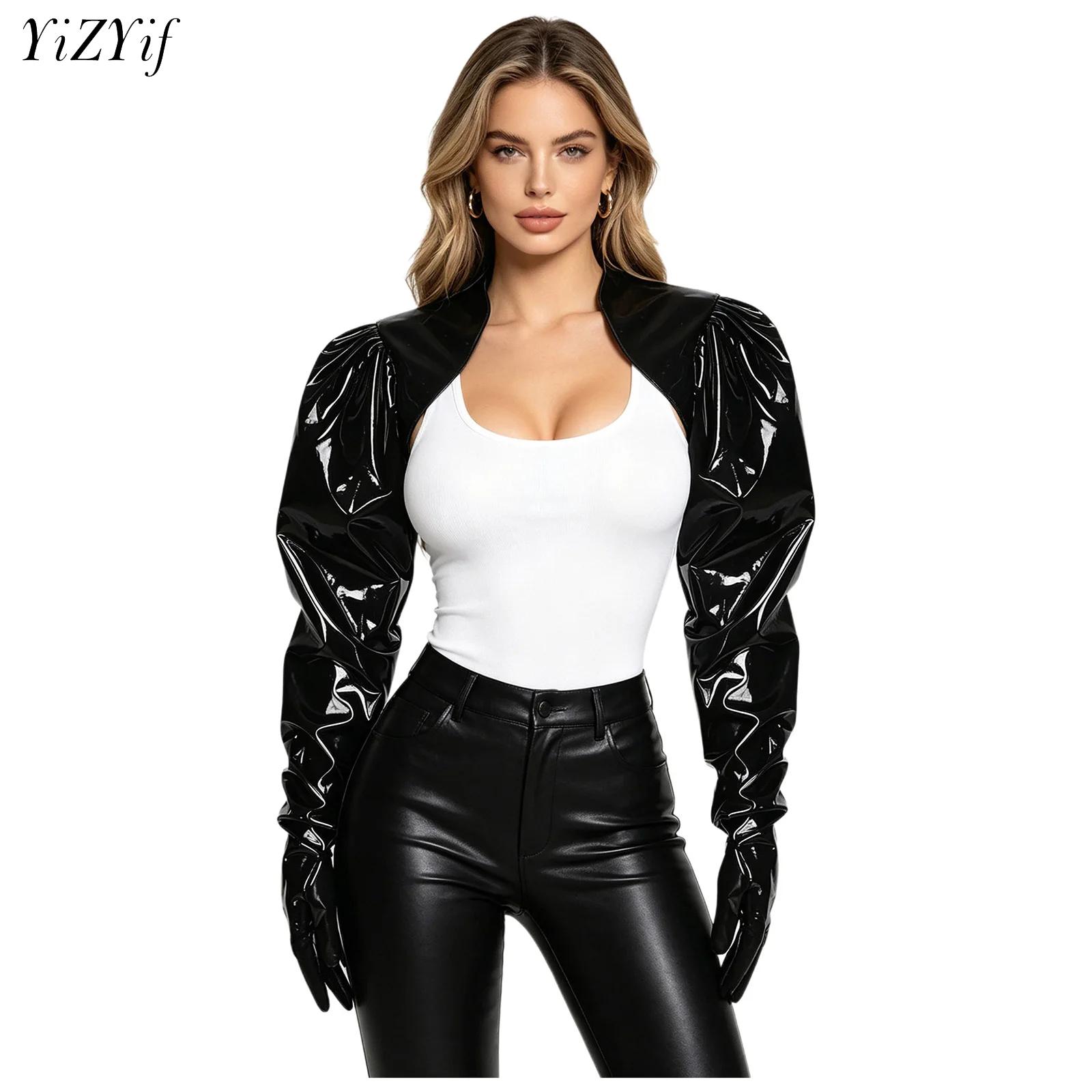 Women Fashion Jackets - Womens Wet Look PU Leather Cardigan