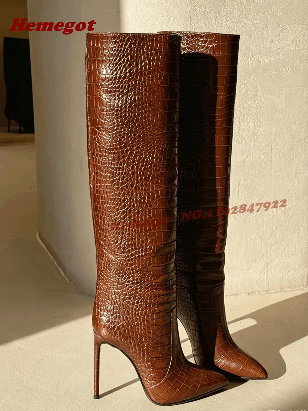 Winter Fashion Women Boots - Brown Croc-Embossed Leather Knee High Boots