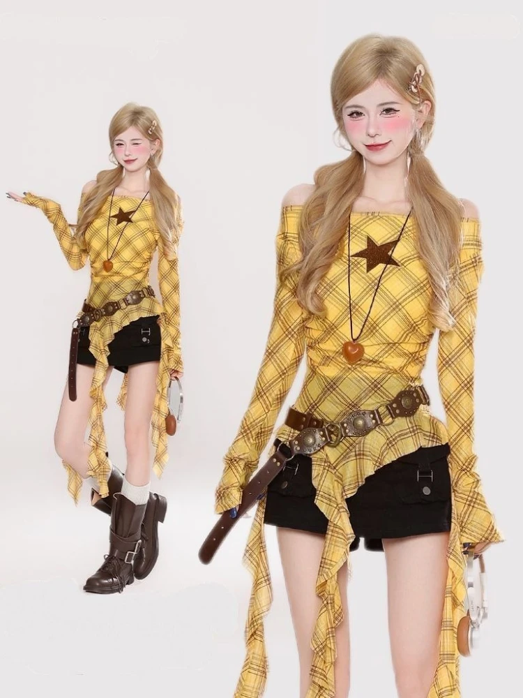 Y2K Plaid Slash Neck Vintage T - Women Top Fashion incelemesi ve fiyatı