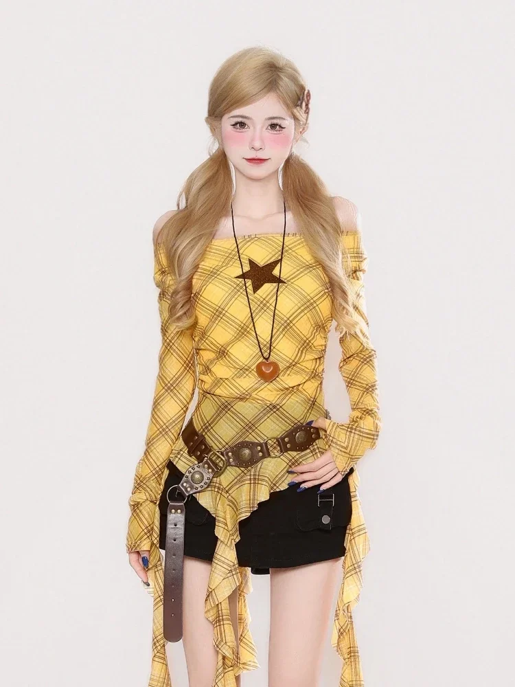 Y2K Plaid Slash Neck Vintage T - Women Top Fashion incelemesi ve fiyatı