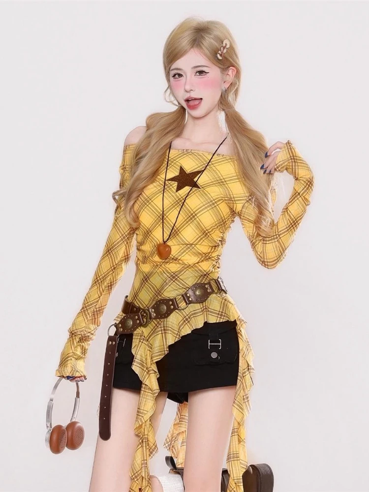 Y2K Plaid Slash Neck Vintage T - Women Top Fashion incelemesi ve fiyatı