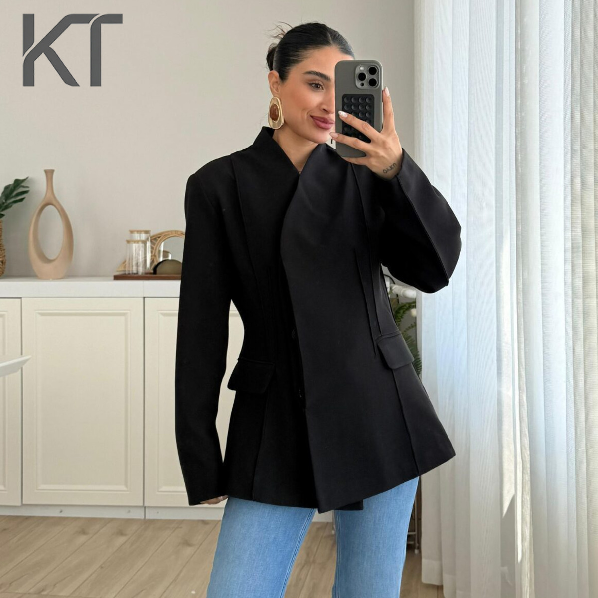 KT Brown Stand Collar Asymmetr - Blazer Women Oversized incelemesi ve fiyatı