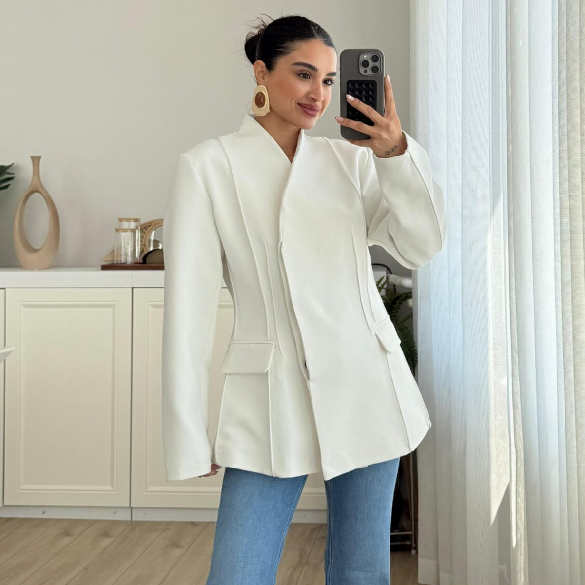 KT Brown Stand Collar Asymmetr - Blazer Women Oversized incelemesi ve fiyatı
